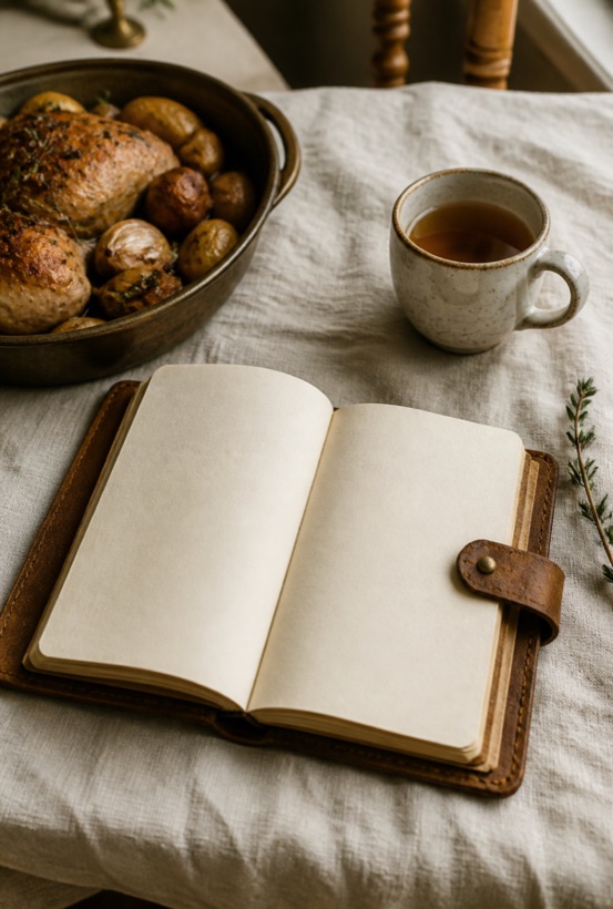 Une table, un carnet ouvert et un plat rôti